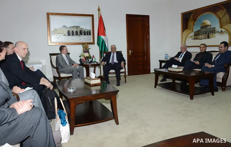 Palestinian President Mahmoud Abbas meets with the Minister of Foreign Affairs of Latvia Edgars Rinkevics at the Palestinian Authority headquarter in the West Bank city of Ramallah on Oct. 31, 2012. Photo by Thaer Ganaim
