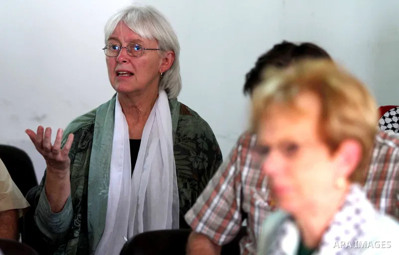 Cindy Corrie, the mother of Rachel Corrie, who was killed by an Israeli military bulldozer in 2003, attends meeting with the members of American delegation in Gaza in solidarity with Gazans and against Israel's blockade...