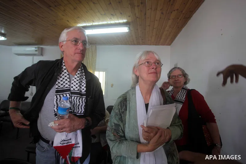 Cindy and Craig, the parents of Rachel Corrie, who was killed by an Israeli military bulldozer in 2003, attend meeting with the members of American delegation in Gaza in solidarity with Gazans and against Israel's blocka...