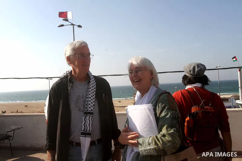 Cindy and Craig, the parents of Rachel Corrie, who was killed by an Israeli military bulldozer in 2003 stand at the beach of Gaza during a visit to Gaza strip in solidarity with Gazans and against Israel's blockade polic...