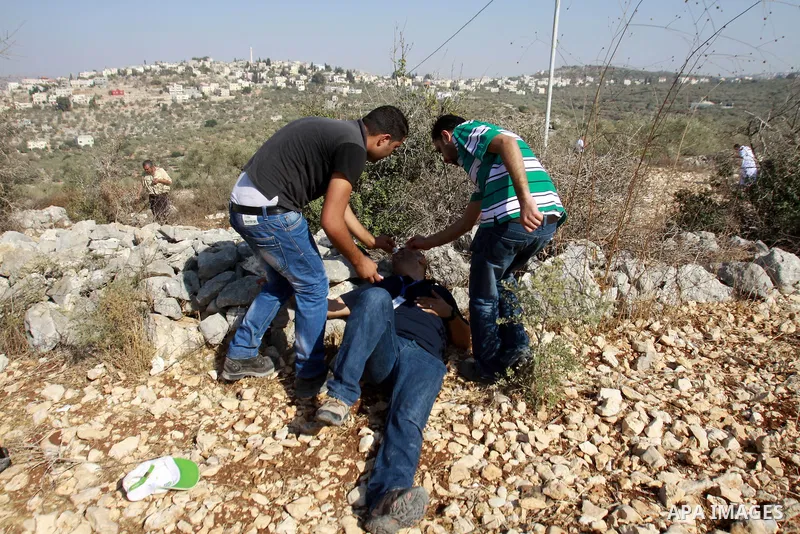 Palestinians help a wounded man during demolition a Palestinian house by Israeli bulldozers in the village of Haris near Salfit southern the West Bank city Of Nablus on November 7, 2012. Demolition of Palestinian propert...