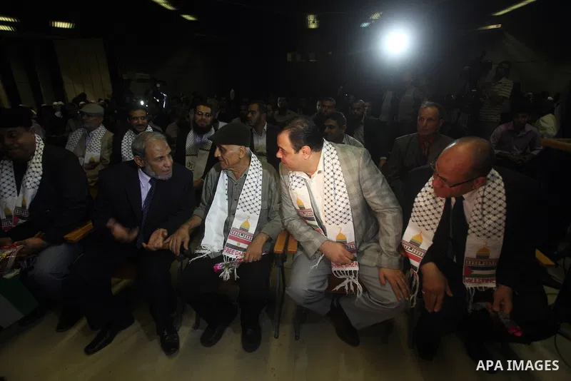 Hamas leader, Mahmoud Al-Zahar attends the ceremony of the first show of the Palestinian-Egyptian Film "Lover of Rifle" in Gaza on November 8, 2012. Lover of Rifle is the first joint movie between Palestinian and Egyptia...