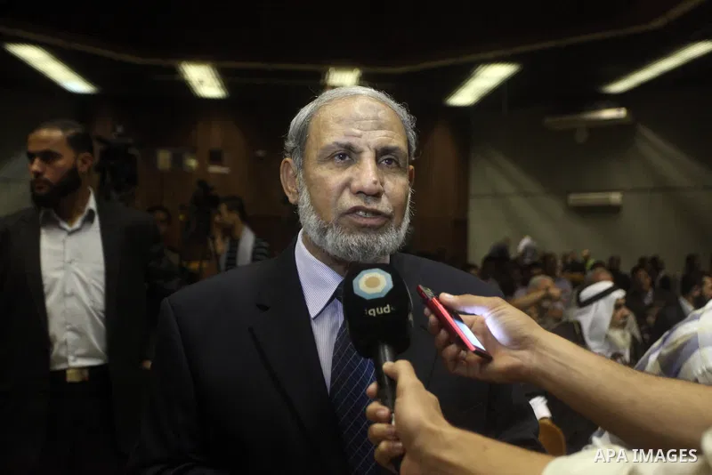 Hamas leader, Mahmoud Al-Zahar speaks to media during the ceremony of the first show of the Palestinian-Egyptian Film "Lover of Rifle" in Gaza on November 8, 2012. Lover of Rifle is the first joint movie between Palestin...