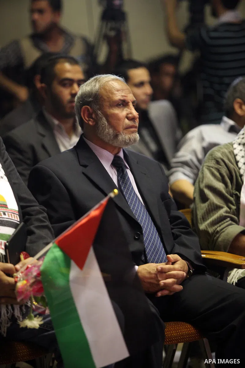 Hamas leader, Mahmoud Al-Zahar attends the ceremony of the first show of the Palestinian-Egyptian Film "Lover of Rifle" in Gaza on November 8, 2012. Lover of Rifle is the first joint movie between Palestinian and Egyptia...