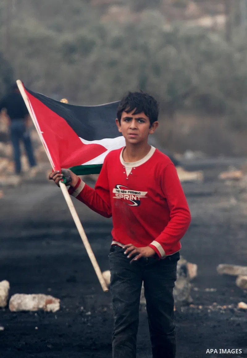 A Palestinian boy holds his national flag during clashes following a demonstration against the expropriation of Palestinian land by Israel in the village of Kfar Qaddum, near the occupied West Bank city of Nablus on Nove...