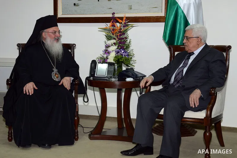 Palestinian President Mahmoud Abbas meets with archbishop Greek Orthodox, at the Palestinian Authority headquarter in the West Bank city of Ramallah on November 09, 2012. Photo by Thaer Ganaim