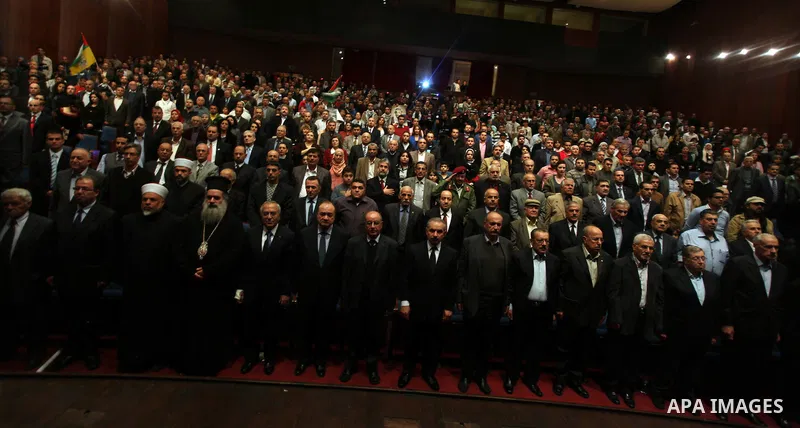 Palestinian and foreign officials attending the anniversary of the death of the former President Yasser Arafat in the West Bank city of Ramallah, on November 10, 2012, ahead of a ceremony marking the eighth anniversary o...