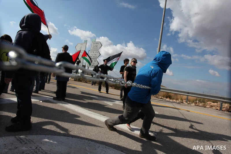 Palestinian and foreign activists hold multi-lingual signs as they block a road during a demonstration in support of the Palestinian statehood petition at the U.N. General Assembly, near the West Bank city of Ramallah We...
