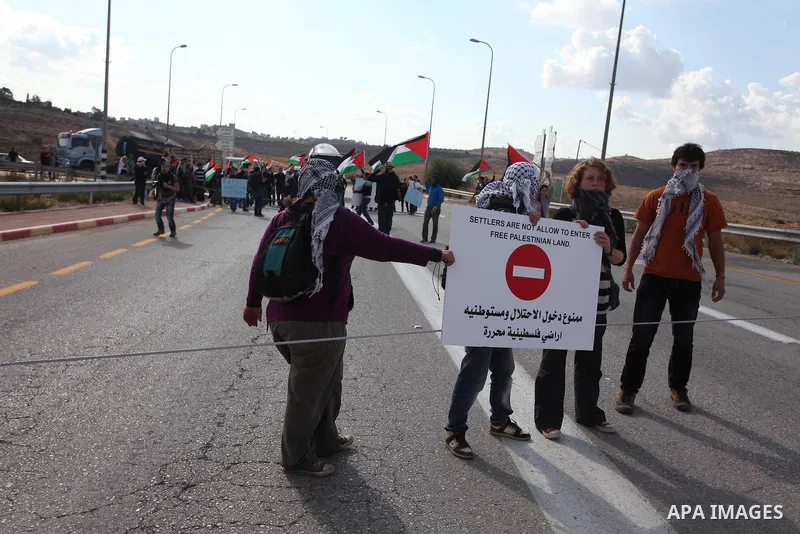 Palestinian and foreign activists hold multi-lingual signs as they block a road during a demonstration in support of the Palestinian statehood petition at the U.N. General Assembly, near the West Bank city of Ramallah We...