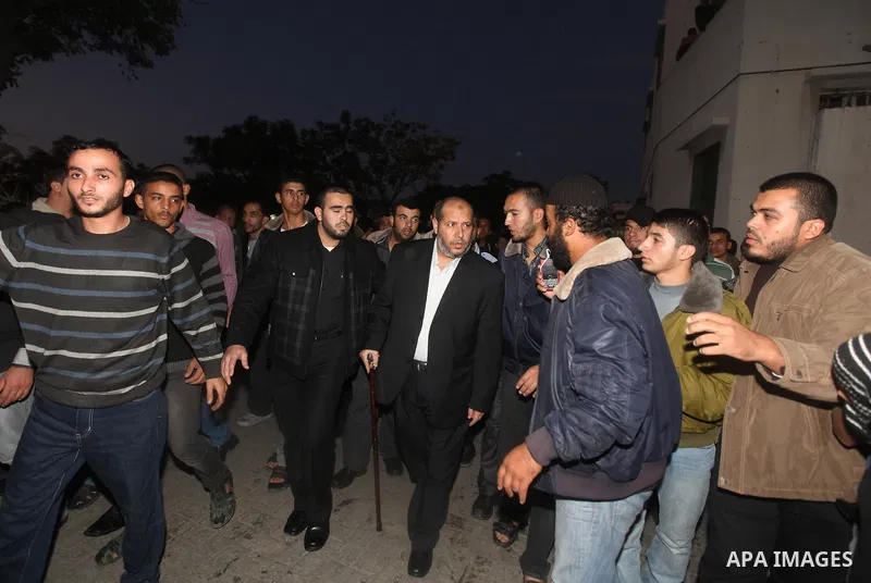 Hamas leader Khalil al-Hayeh arrives to al-Shifa hospital in Gaza City following an Israeli air strike on November 14, 2012. An Israeli strike that killed Hamas's top commander in Gaza is only "the beginning" of an opera...