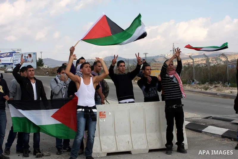 Palestinian activists hold a flag in front of Israeli soldiers at Hawara checkpoint near the West Bank city of Nablus November 14, 2012. Demonstrators against Israeli occupation of the West Bank repeatedly blocked main r...