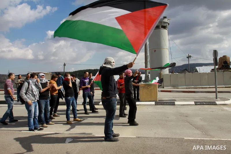 Palestinian activists hold a flag in front of Israeli soldiers at Hawara checkpoint near the West Bank city of Nablus November 14, 2012. Demonstrators against Israeli occupation of the West Bank repeatedly blocked main r...