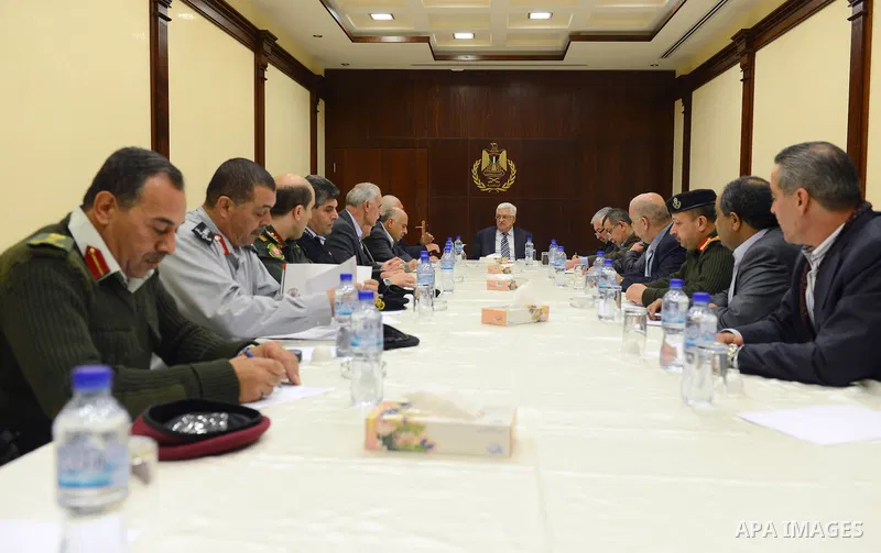Palestinian President Mahmoud Abbas meets with the security chiefs in the West Bank city of Ramallah, November, 17, 2012. Photo by Thaer Ganaim