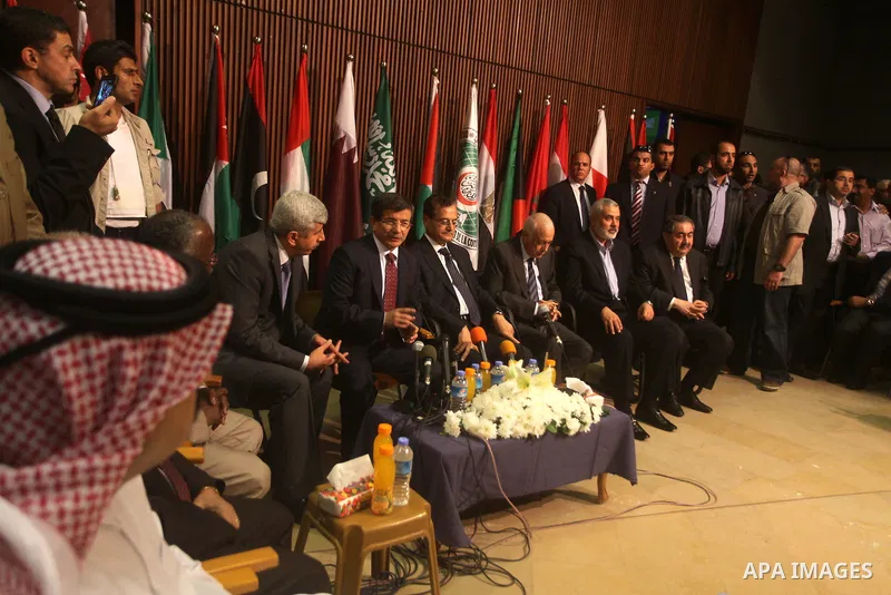Arab League General Secretary Nabil al-Arabi and Turkish Foreign Minister Ahmet Davutoglu meet with Palestinian prime minister in Gaza Strip, Ismail Haniya in Gaza city, Tuesday, Nov. 20, 2012. Turkey's foreign minister...