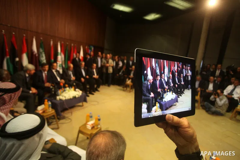 Arab League General Secretary Nabil al-Arabi and Turkish Foreign Minister Ahmet Davutoglu meet with Palestinian prime minister in Gaza Strip, Ismail Haniya in Gaza city, Tuesday, Nov. 20, 2012. Turkey's foreign minister...