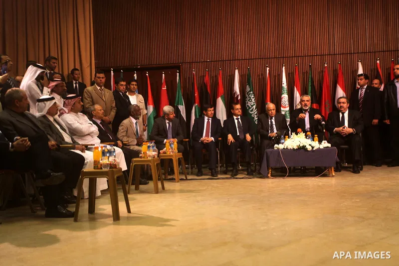 Arab League General Secretary Nabil al-Arabi and Turkish Foreign Minister Ahmet Davutoglu meet with Palestinian prime minister in Gaza Strip, Ismail Haniya in Gaza city, Tuesday, Nov. 20, 2012. Turkey's foreign minister...