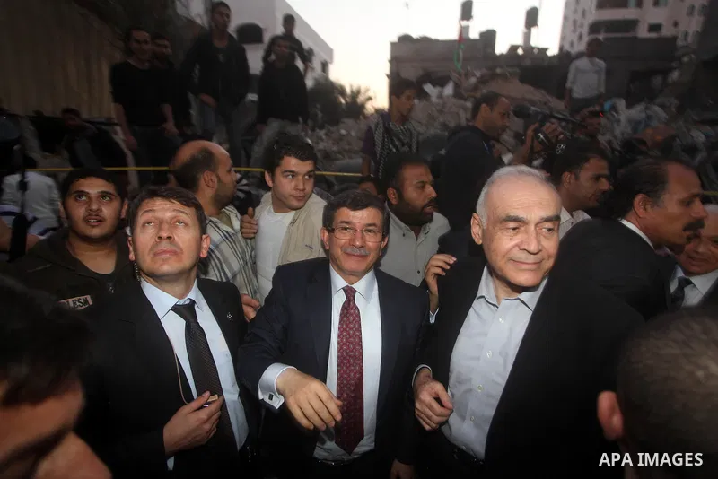 Arab League General Secretary Nabil al-Arabi and Turkish Foreign Minister Ahmet Davutoglu meet with Palestinian prime minister in Gaza Strip, Ismail Haniya in Gaza city, Tuesday, Nov. 20, 2012. Turkey's foreign minister...
