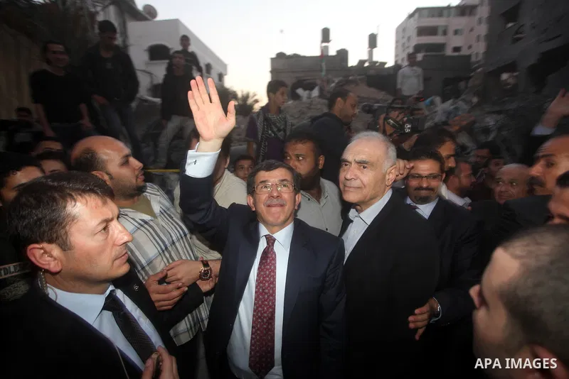 Arab League General Secretary Nabil al-Arabi and Turkish Foreign Minister Ahmet Davutoglu meet with Palestinian prime minister in Gaza Strip, Ismail Haniya in Gaza city, Tuesday, Nov. 20, 2012. Turkey's foreign minister...