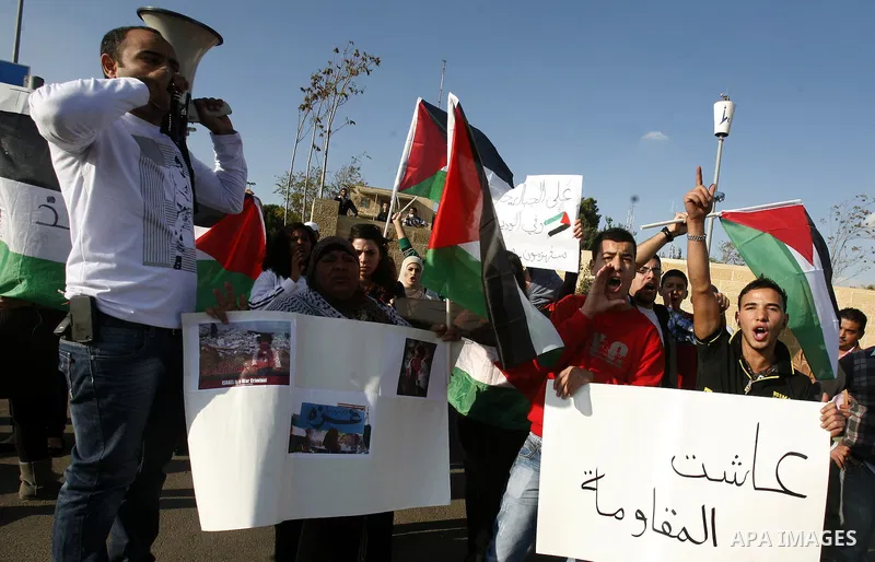Palestinian protestors and Israelis shout slogans during a protest in Hebrew University in Jerusalem's Old City 20 November 2012, showing solidarity with the Palestinians in the Gaza Strip, as hostilities continue on the...