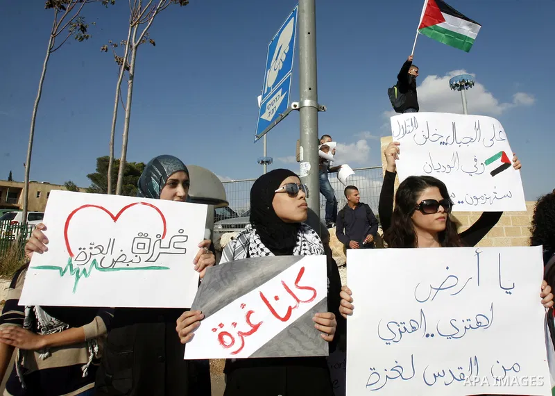 Palestinian protestors and Israelis shout slogans during a protest in Hebrew University in Jerusalem's Old City 20 November 2012, showing solidarity with the Palestinians in the Gaza Strip, as hostilities continue on the...