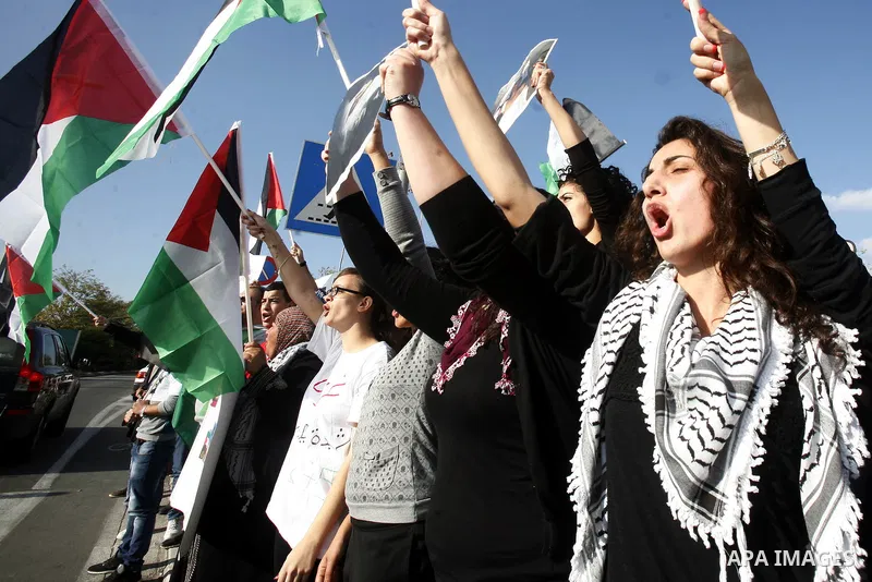 Palestinian protestors and Israelis shout slogans during a protest in Hebrew University in Jerusalem's Old City 20 November 2012, showing solidarity with the Palestinians in the Gaza Strip, as hostilities continue on the...