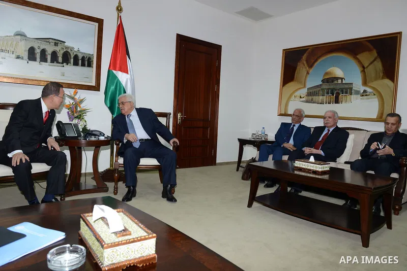 Palestinian president Mahmud Abbas meets with UN chief Ban Ki-moon in the West Bank city of Ramallah on November 21, 2012. UN chief Ban Ki-moon called for an immediate halt to rocket attacks on Israel from the Gaza Strip...