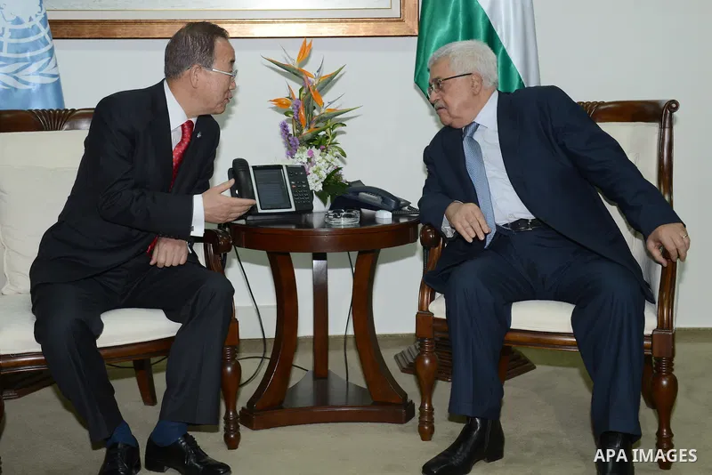 Palestinian president Mahmud Abbas meets with UN chief Ban Ki-moon in the West Bank city of Ramallah on November 21, 2012. UN chief Ban Ki-moon called for an immediate halt to rocket attacks on Israel from the Gaza Strip...