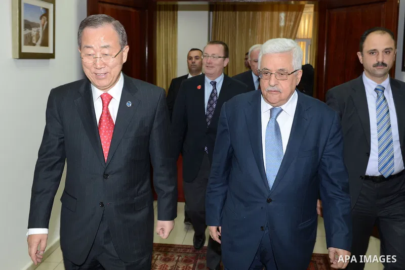 Palestinian president Mahmud Abbas meets with UN chief Ban Ki-moon in the West Bank city of Ramallah on November 21, 2012. UN chief Ban Ki-moon called for an immediate halt to rocket attacks on Israel from the Gaza Strip...