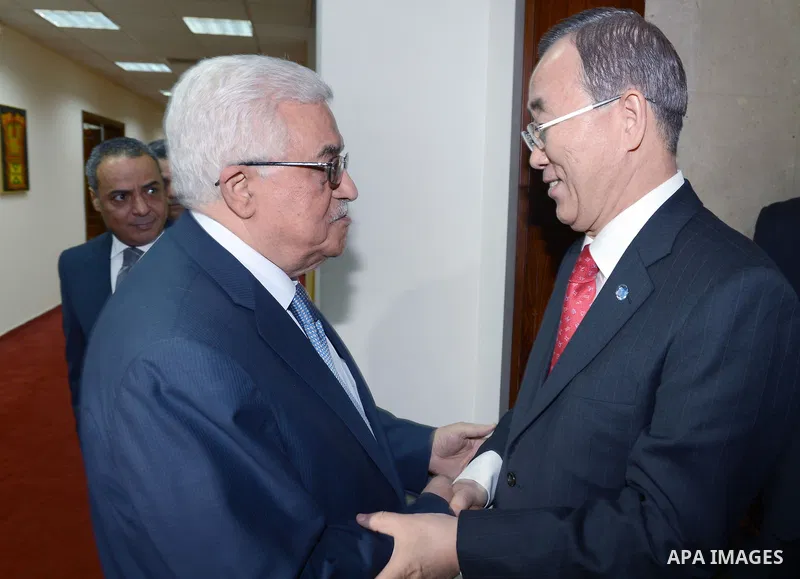 Palestinian president Mahmud Abbas meets with UN chief Ban Ki-moon in the West Bank city of Ramallah on November 21, 2012. UN chief Ban Ki-moon called for an immediate halt to rocket attacks on Israel from the Gaza Strip...