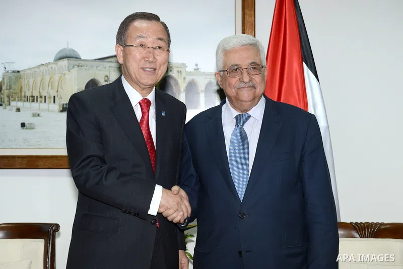 Palestinian president Mahmud Abbas meets with UN chief Ban Ki-moon in the West Bank city of Ramallah on November 21, 2012. UN chief Ban Ki-moon called for an immediate halt to rocket attacks on Israel from the Gaza Strip...