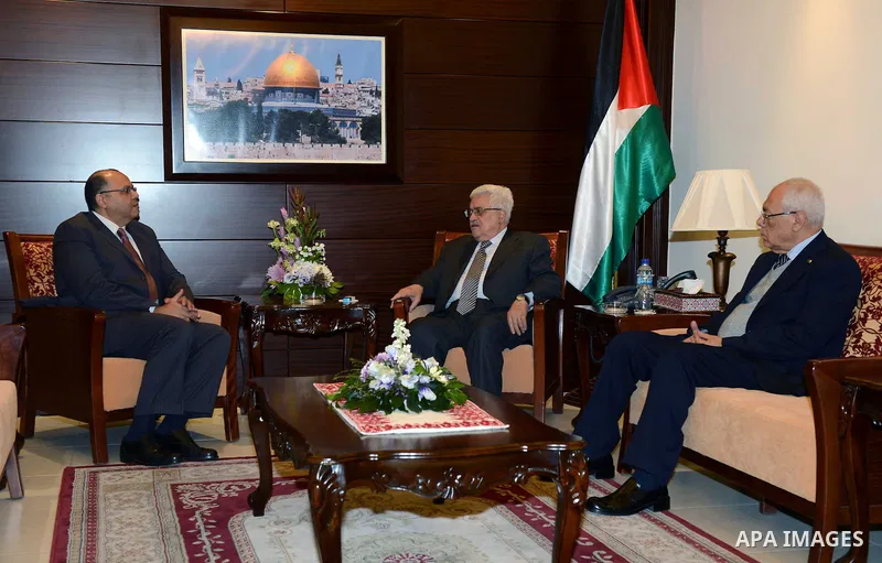 Palestinian President Mahmoud Abbas (Abu Mazen), meets with the Egyptian ambassador Yasser Othman in the West Bank city of Ramalllah. on Nov. 25, 2012. Photo by Thaer Ganaim