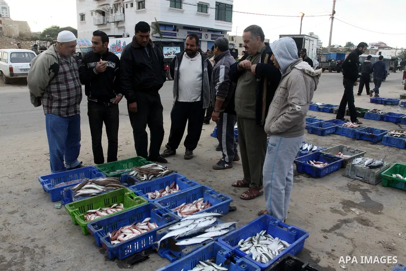 Palestinian men sell fish at a market in Gaza City November 27, 2012. Israel eased restrictions on Gaza fishermen on Saturday, further implementing truce brokered by Egypt after a week of fierce fighting, Palestinian off...