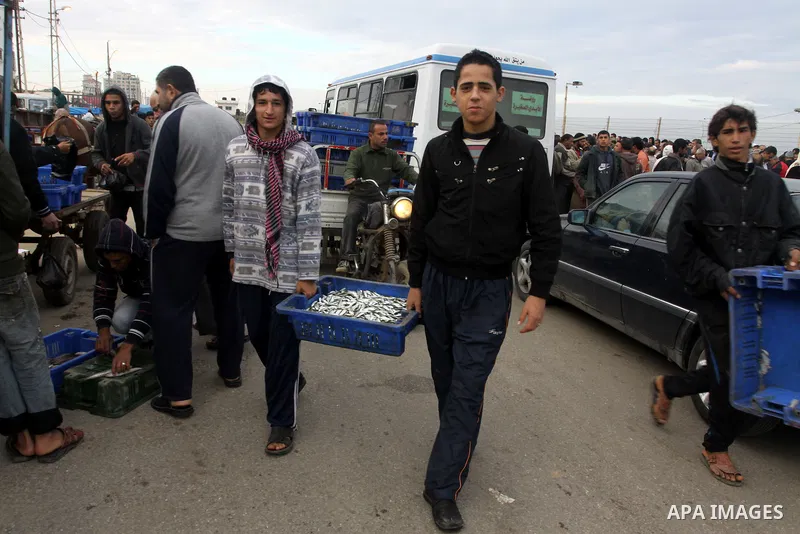 Palestinian men sell fish at a market in Gaza City November 27, 2012. Israel eased restrictions on Gaza fishermen on Saturday, further implementing truce brokered by Egypt after a week of fierce fighting, Palestinian off...