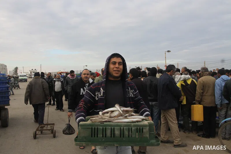 Palestinian men sell fish at a market in Gaza City November 27, 2012. Israel eased restrictions on Gaza fishermen on Saturday, further implementing truce brokered by Egypt after a week of fierce fighting, Palestinian off...