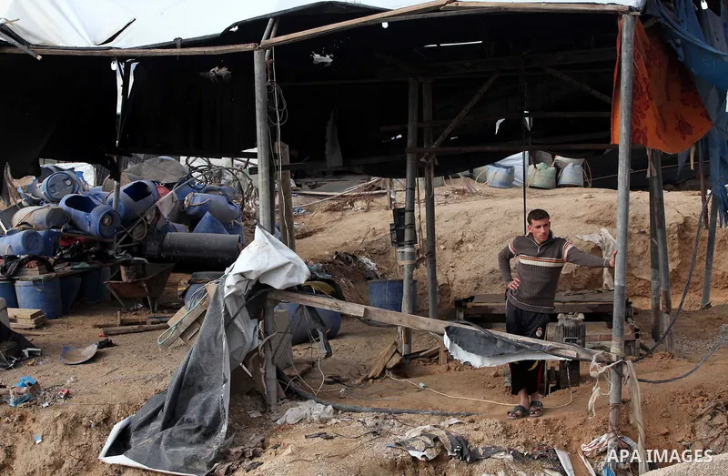 Palestinians work at the entrance of a smuggling tunnels dug beneath the Egyptian-Gaza border in Rafah, in the southern Gaza Strip November 27, 2012. Knee-deep in craters carved out by Israeli air strikes, Palestinians w...