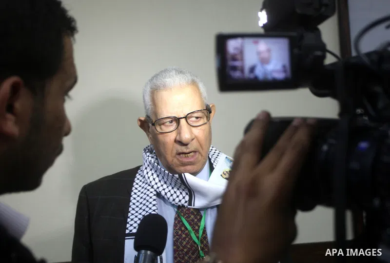 Makram Ahmed, the Secretary General of the Arab Journalists Union speaks to media during his visit to Gaza strip to show solidarity with Palestinian journalists in Gaza city on November 28, 2012. Israeli aircraft killed...
