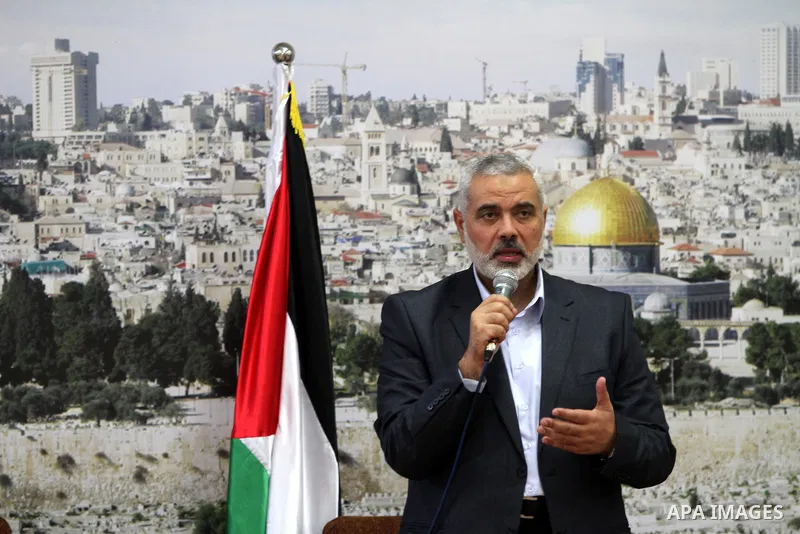 Palestinian Prime Minister in Gaza strip Ismail Haniyeh speaks during the visit of delegation of the General Union of Arab journalists in Gaza city on November 28, 2012. Israeli aircraft killed 3 and wounded more than 17...