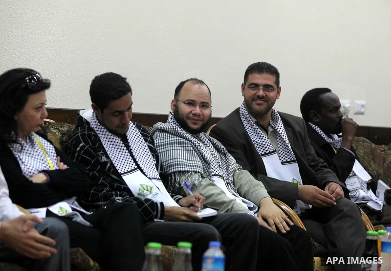 Members of the General Union of Arab journalists during a visit to Gaza strip to show solidarity with Palestinian journalists in Gaza city on November 28, 2012. Israeli aircraft killed 3 and wounded more than 17 journali...