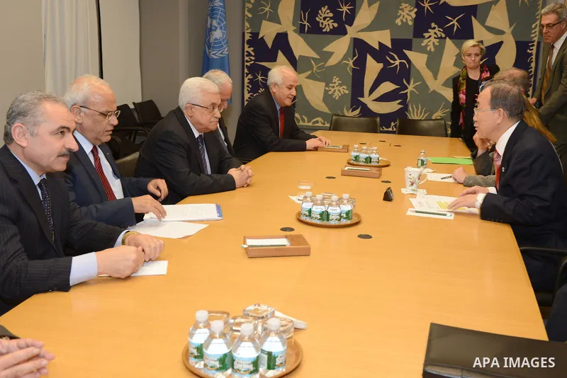 Palestinian President Mahmoud Abbas (Abu Mazen) meets with UN Secretary-General Ban Ki-moon in New York, on Nov. 28, 2012. Photo by Thaer Ganaim