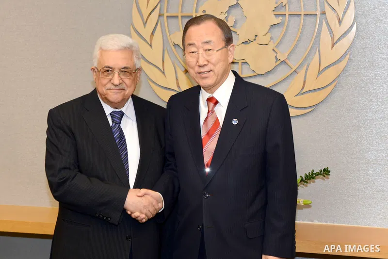 Palestinian President Mahmoud Abbas (Abu Mazen) meets with UN Secretary-General Ban Ki-moon in New York, on Nov. 28, 2012. Photo by Thaer Ganaim