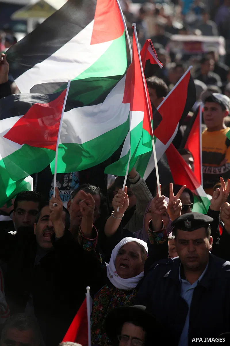 Palestinians wave their national flag during a rally in the West Bank city of Ramallah on November 29, 2012 to support Palestinian leader Mahmud Abbas who is heading to the United Nations General Assembly today with huge...