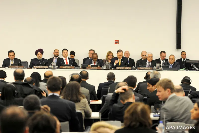Palestinian President Mahmoud Abbas and United Nations Secretary General Ban Ki-moon, listen during the Special Meeting of the Committee on the Exercise of the Inalienable Rights of the Palestinian People, in observance...