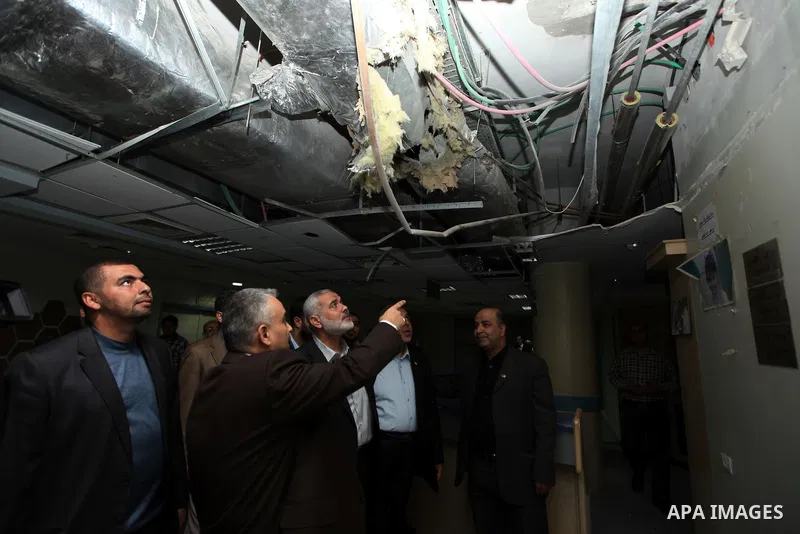 Palestinian Prime Minister in Gaza strip Ismail Haniyeh inspects the damage in the Jordanian Hospital in Gaza city, November 30, 2012. Israeli aircraft targeted the Jordanian hospital during an eight-day cross-border vio...
