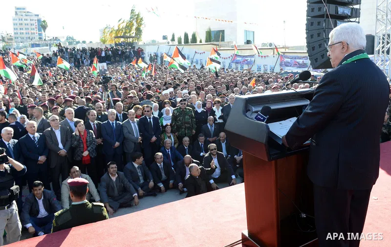 Palestinian President Mahmoud Abbas speaks as Palestinians celebrate their successful bid for UN non-member observer state status, in the West Bank city of Ramallah on December 2, 2012, Abbas arrived to the West Bank aft...