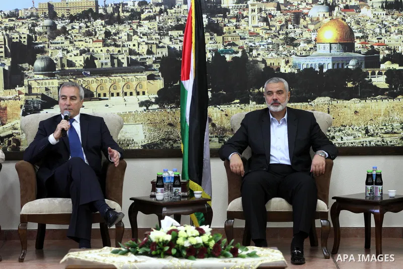 The head of the European delegation of lawmakers and politicians speaks during a meeting with Palestinian Prime Minister in Gaza strip Ismail Haniyeh in Gaza city on Dec 02, 2012. The delegation arrived on Saturday eveni...
