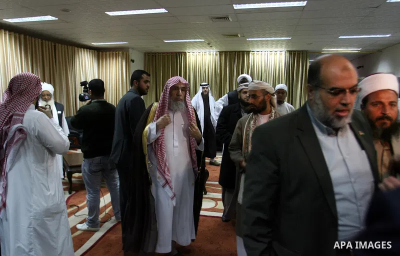 Members of delegation of Association of Muslim Scholars arrive to Gaza strip at the Rafah crossing border in southern Gaza strip, Dec 04, 2012. The members of the delegation will give the Friday sermons in Gaza's mosques...