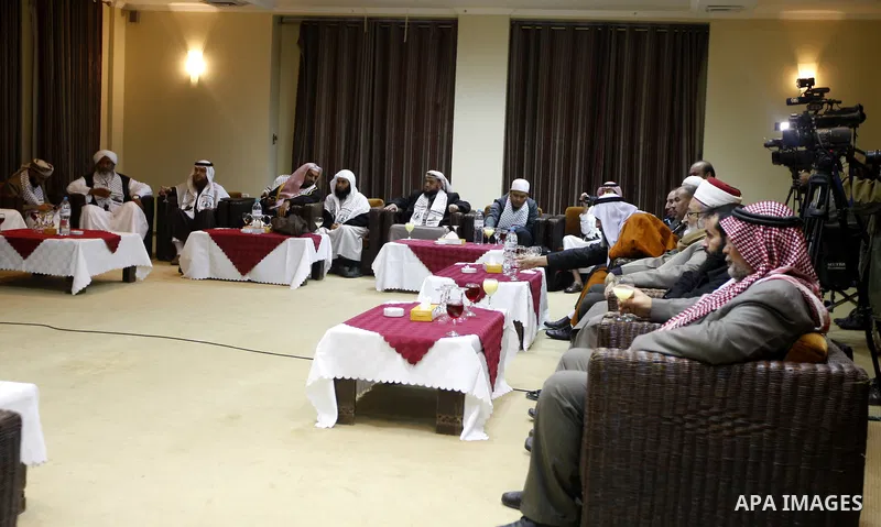Palestinian Minister of Religious Affairs in Gaza strip Ismail Radwan meets with the members of delegation of Association of Muslim Scholars in Gaza city, Dec 04, 2012. The delegation is expected to meet with war victims...