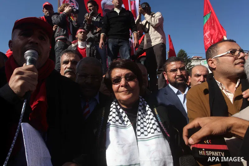 Leila Khaled take parts in a rally organized by the Popular Front for the Liberation of Palestine (PFLP) to celebrate the 45th anniversary of its founding in Gaza City December 6, 2012. Photo by Ashraf Amra