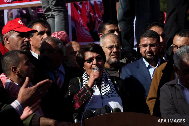 Leila Khaled take parts in a rally organized by the Popular Front for the Liberation of Palestine (PFLP) to celebrate the 45th anniversary of its founding in Gaza City December 6, 2012. Photo by Ashraf Amra