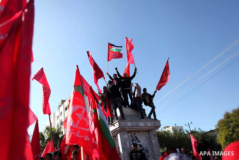 Palestinians take part in a rally organized by the Popular Front for the Liberation of Palestine (PFLP) to celebrate the 45th anniversary of its founding in Gaza City December 6, 2012. Photo by Ashraf Amra